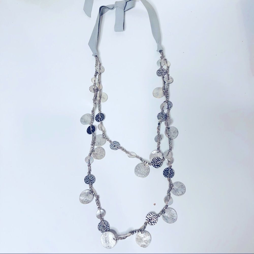 Silver Hammered Disc Beaded Double Layer Necklace Ribbon Tie